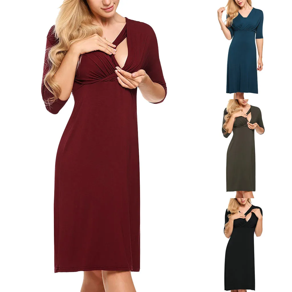 

New Style Womens Fashion Solid Dress Maternity Nursing Seven Quarter Sleeve Dress 2019 Comfy V Neck Dresses for Breastfeeding