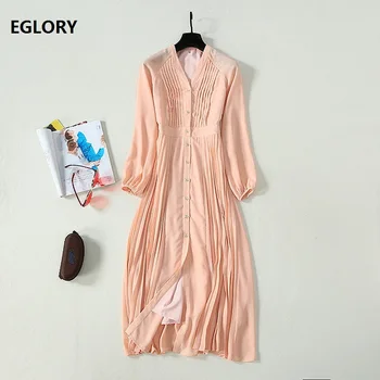

Newest Fashion Dress 2020 Spring Summer Style Women V-Neck Tunic Buttons Down Long Sleeve Mid-Calf Length Pleated Dress Work