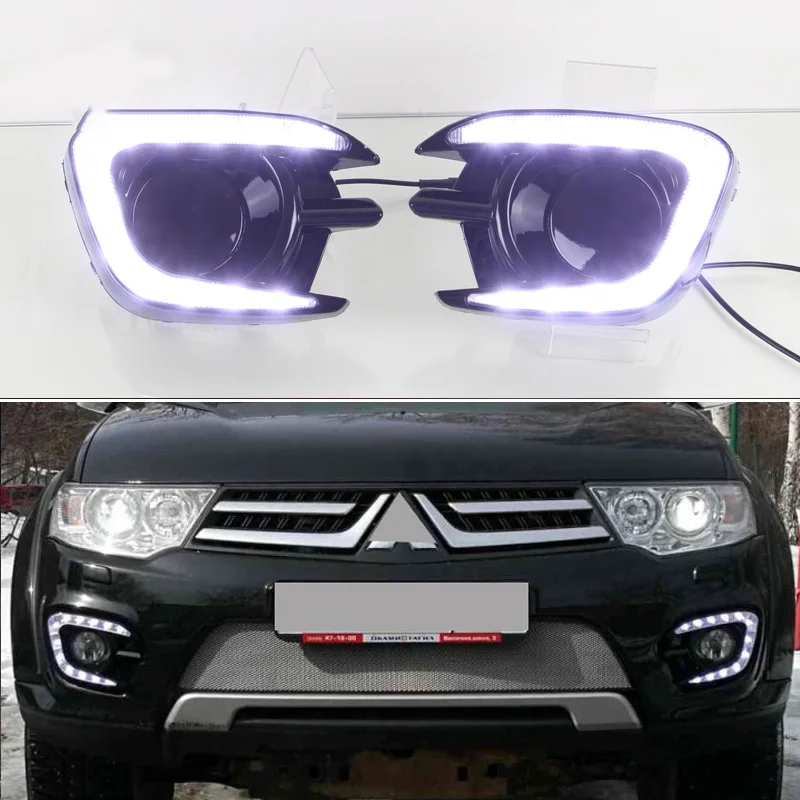 

LED Daytime Running Light For Mitsubishi Pajero Sport 2013 2014 2015 Yellow Turn Signal Function 12V Car DRL Fog Lamp Decoration