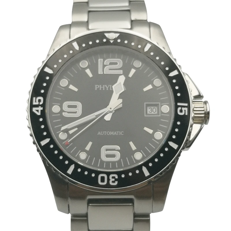 

40mm Men's Watch Blue Dial With Date Automatic Movement Sport Wristwatch Sapphire Crystal Black Ceramic Bezel Insert