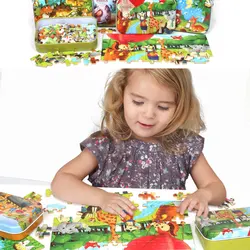 Puzzle en bois 60 pièces, boîte en fer, Animal de dessin animé coloré, jouets pour enfants, éducation précoce, Puzzle pour bébé 