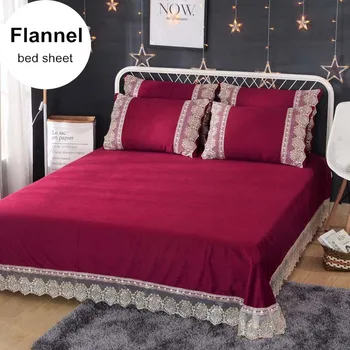 

WOSTAR Winter Warm solid flannel bed sheet set and pillowcases fashion Super soft lace bedspreads single double queen king size