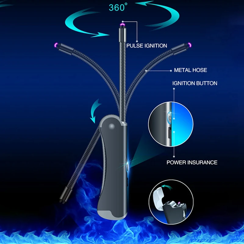 Двойное использование электрическая зажигалка с подключением к USB длинный 360 вращение металлический шланг зажигалки для электронных сигарет ветрозащитная плазменная дуговая импульсная зажигалка