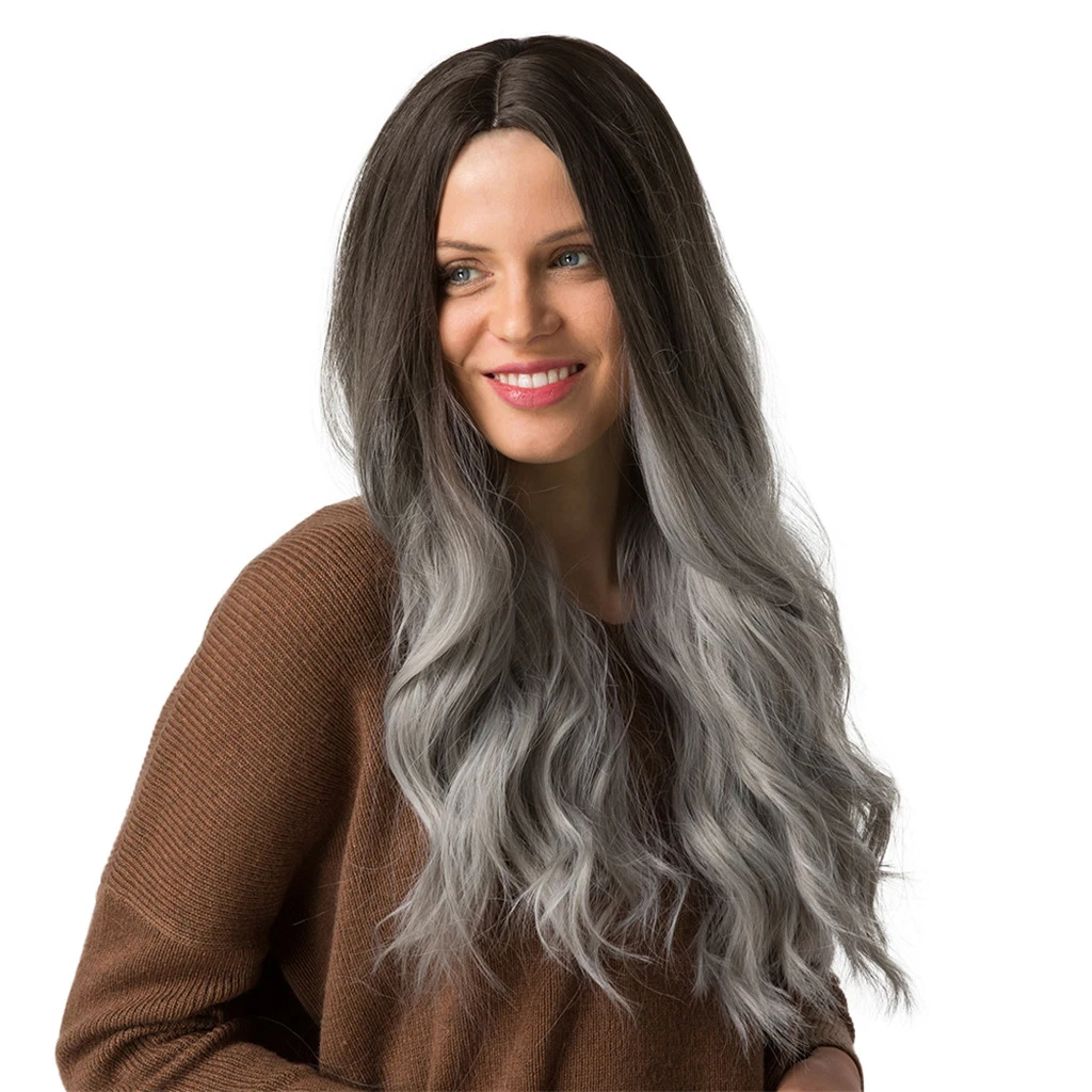 130% Density Wigs Wavy Ombre Synthetic Wig with Black Roots Gradient Blue Parting Half Hand Tied No Lace Front