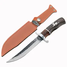 DuoClang Открытый Нож для самозащиты 440c стальной нож с фиксированным лезвием олень узор деревянная ручка ножи для выживания кожаная оболочка