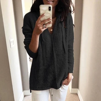 

Women 2019 Autumn Winter Long Sleeve Deep V Neck Solid Color Loose Casual Overwear Drawstring Hoodies Hooded