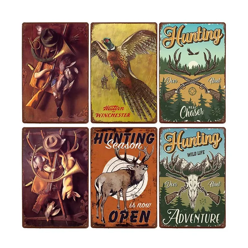 

Outdoor Hunting Signs Retro Guns Hunter And Hound Art Iron Painting Garage Club Bar Decorative Plaque Tin Sign Modern Home Decor
