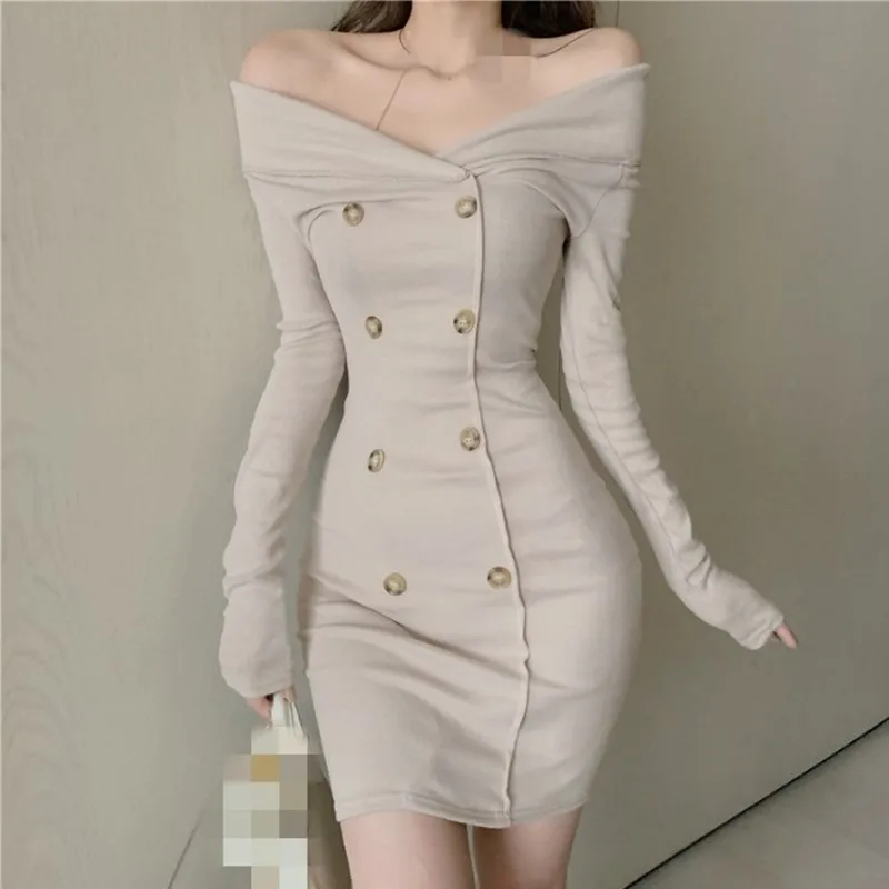 C2503 spring autumn 2022 new women sexy one-word shouldered double-breasted long-sleeved dress cheap wholesale