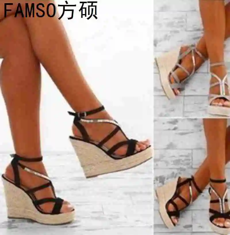 

FAMSO 2019 New Women Sandals Shoes Big Size 34-43 Black Silver Glitter Wedges High Heels Summer T-Strap Platforms Sandals