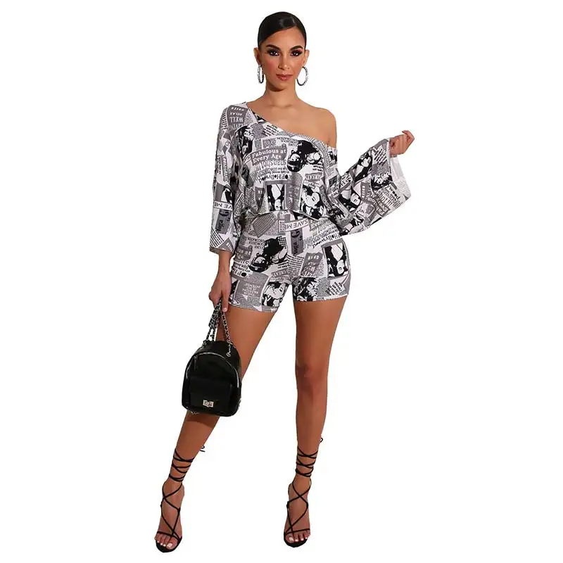 Женский комплект из 2 предметов с принтом в виде черных газет рубашка открытыми