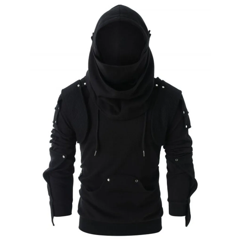 

Winter Male Jacket Mens Retro Mask Elbow Button Pullover Long Sleeve Hooded Sweatshirt Tops Blouse Autumn Casual Coats Plus Size