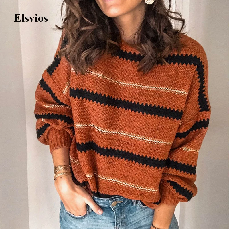 Повседневный женский полосатый вязаный свитер в стиле пэчворк, элегантные свитера с круглым вырезом, джемпер на осень и зиму, пуловер с длинным рукавом, топы для женщин