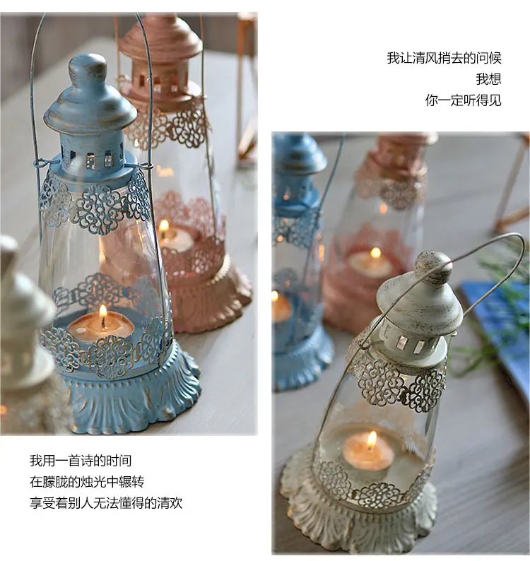 American Carved Iron Art Candlestick Vintage Glass Lanterns Wedding Decorations Nordic Romantic Creative Valentine's Day Gift X6