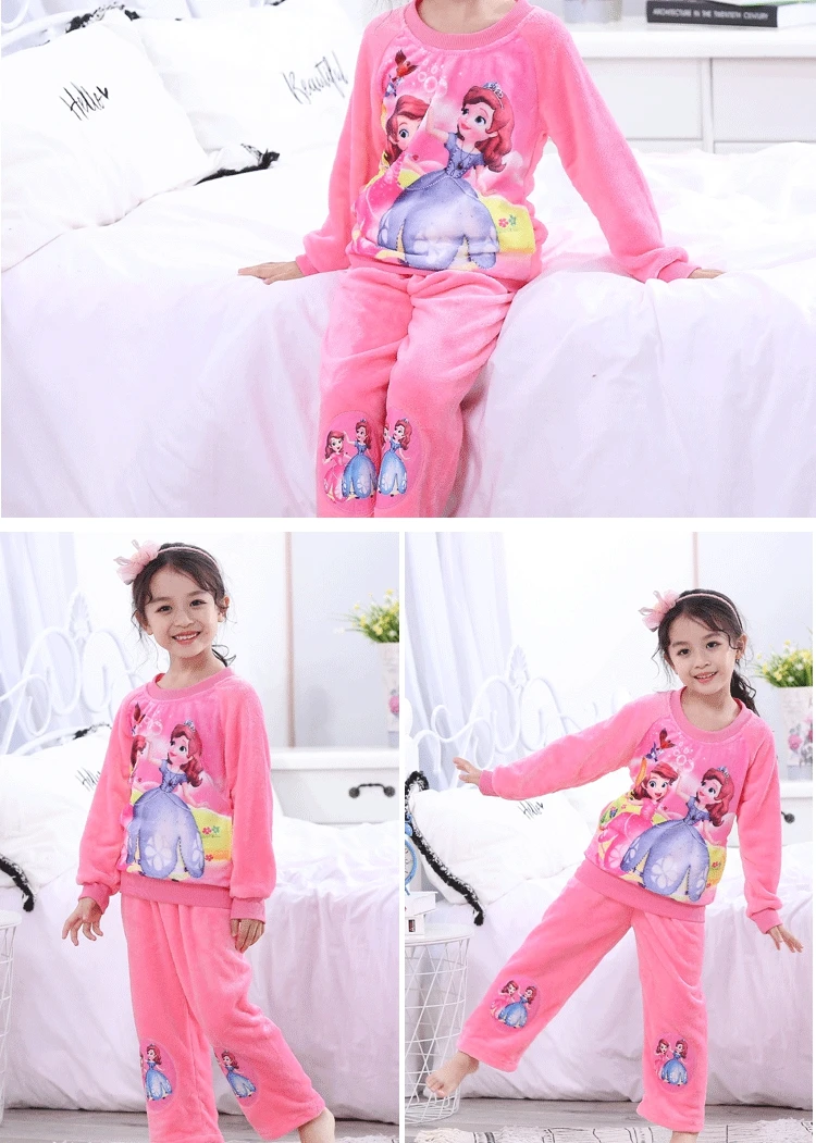 long sleeve warm sleepwear Cartoon boys&girls flannel pajamas set Autumn&winter new children's coral velvet home clothes