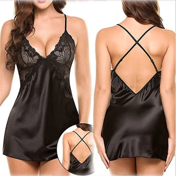 

2020 Fashion Trend Sexy Women Lace Babydoll Chemise V Neck Mesh Sleepwear Nightwear Summer Loose Sleepshirts Nightgowns 2PCS