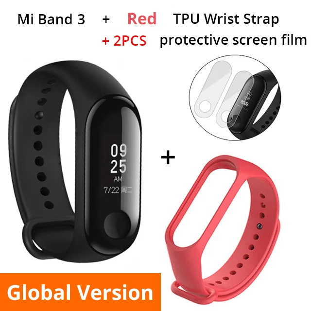 Add Red Strap Глобальная версия Xiaomi mi Band 3 Смарт-Браслет фитнес-браслет mi Band большой сенсорный экран oled-сообщение частота сердечных сокращений Smartband - Цвет: Add Red Strap