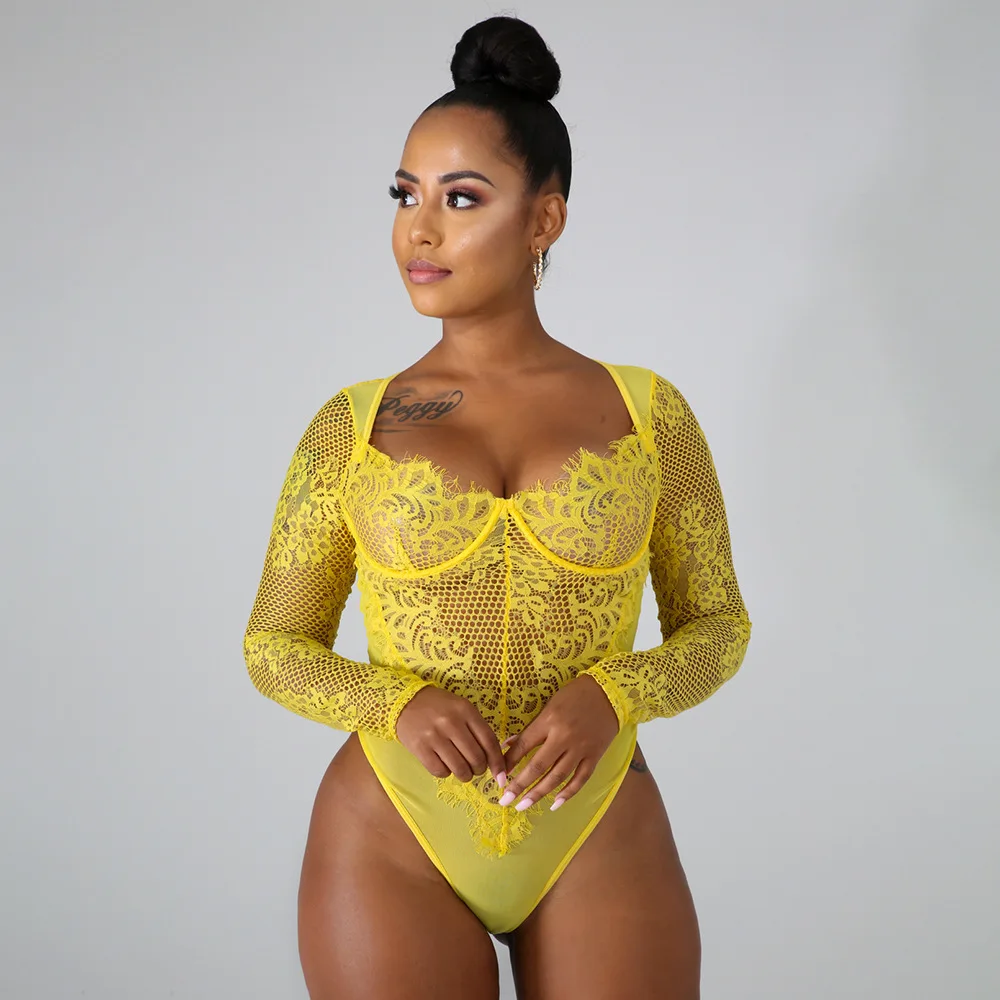 yellow Криптографическое сексуальное кружевное прозрачное Женское боди с вышивкой модное лоскутное Сетчатое боди с длинным рукавом Тедди новая женская одежда - Color: yellow
