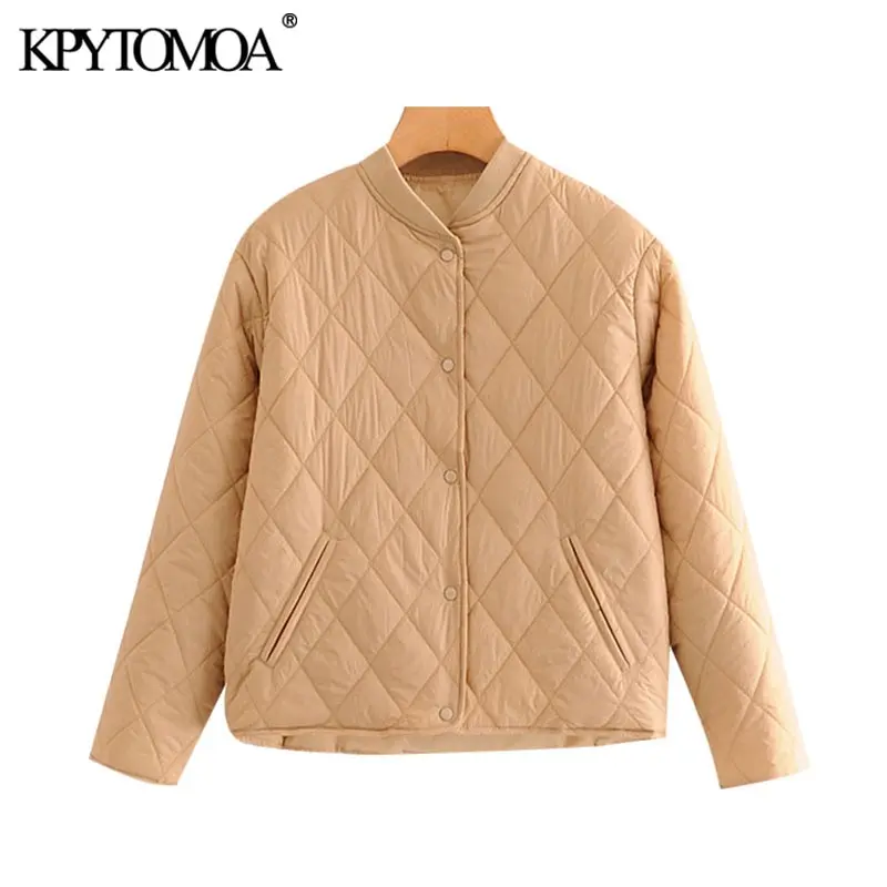 KPYTOMOA Женская мода 2020 Argyle свободная стеганая куртка пальто Винтажное с длинным