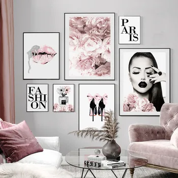 

Modern Fashion Pale Blush Peonies Perfume Paris Canvas Prints Painting Lips Wall Art Pictures Posters Living Room Home Decor