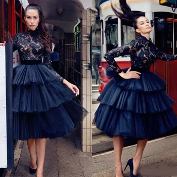 

Black Lace Tiered Sexy Evening Dress Zipper Back Dubai Arabic Saudi Arabian Vestidos De Festa Prom Custom