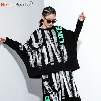 

Autumn Spring Women Long Batwing Sleeve T Shirt Fashion Print Black Pullover Tops Irregular Plus Size Loose Cotton Tees