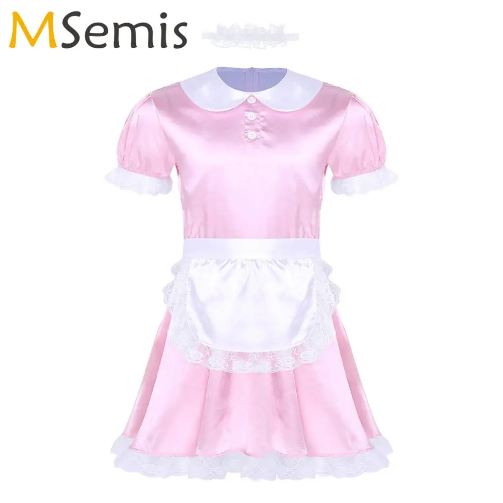 MSemis Mens Sissy Sexy Cosplay Maid Uniform Lace Hem Babydoll Mini Satin Apron Dress+Headband Set Gay Erotic Role Play Costume |