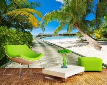

3d Wallpaper Wall Promotion Beautiful Seaside Coconut Promenade Thatched Cottage Customize your favorite silk wallpaper