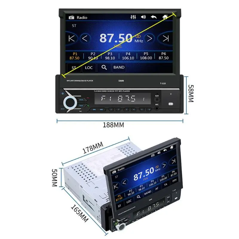 7 дюймов выдвижной экран радио приемник SWM T-110 Bluetooth стерео USB Радио Ontvanger в тире головное устройство