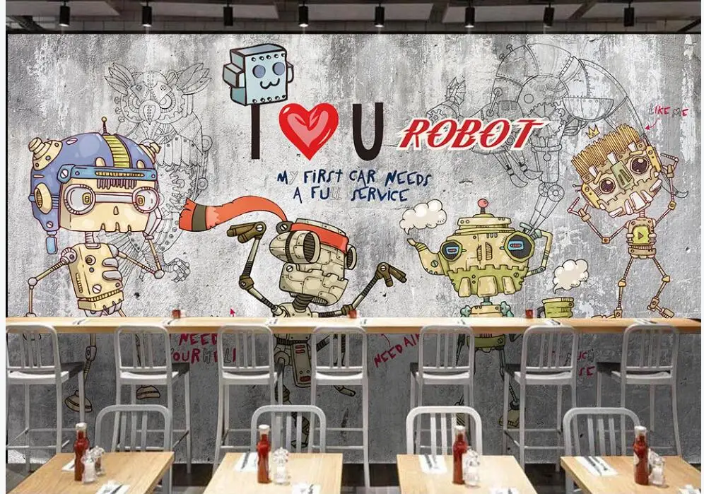

3d wall mural on the wall Custom wallpaper 3d Graffiti cartoon robot brick wall home decor photo wallpaper for walls 3 d