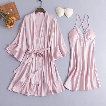 

Women 2PCS Nighty&Robe Set Satin Bride Wedding Robe Sleepwear Sexy Lace Patchwork Homewear Nightdress Silky Home Dressing Gown