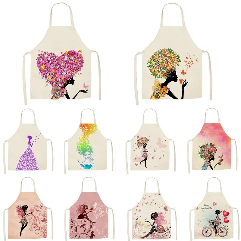 1Pcs Flower Butterfly Girl Printed Kitchen Aprons for Women Home Cooking Baking Waist Bib Cotton Linen Pinafore 55*68cm