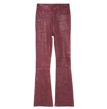 

Office Ladies Slim Fit Luxury Sheepskin Real Leather Boot Cut Flare Pants Womens Sexy Stretchy Skinny Push Up Trousers Red Pants