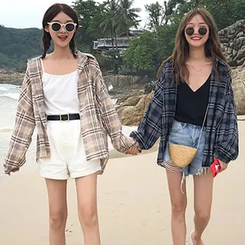 

Retro Plaid Blouse For Women Autumn Long Sleeve Turn Down Collar Loose Tops Shirt Korean Plus Size College Style Female Shirt