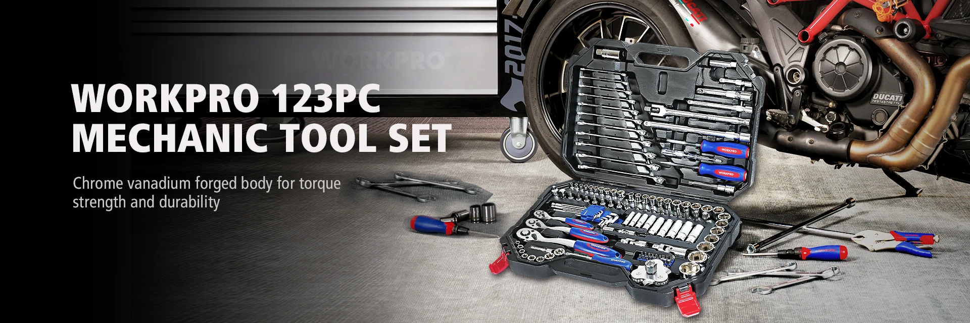 WORKPRO 123PC Mixed Tool Set Mechanics Tool Set Ratchet Spanner Wrench Socket Set 2019 New Design