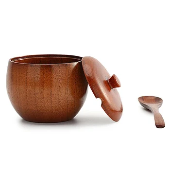 

Solid Wood Retro Easy Clean Condiment Container Sugar Dustproof Home Spice Jar Set With Spoon Lid Seasoning Pot Space Saving
