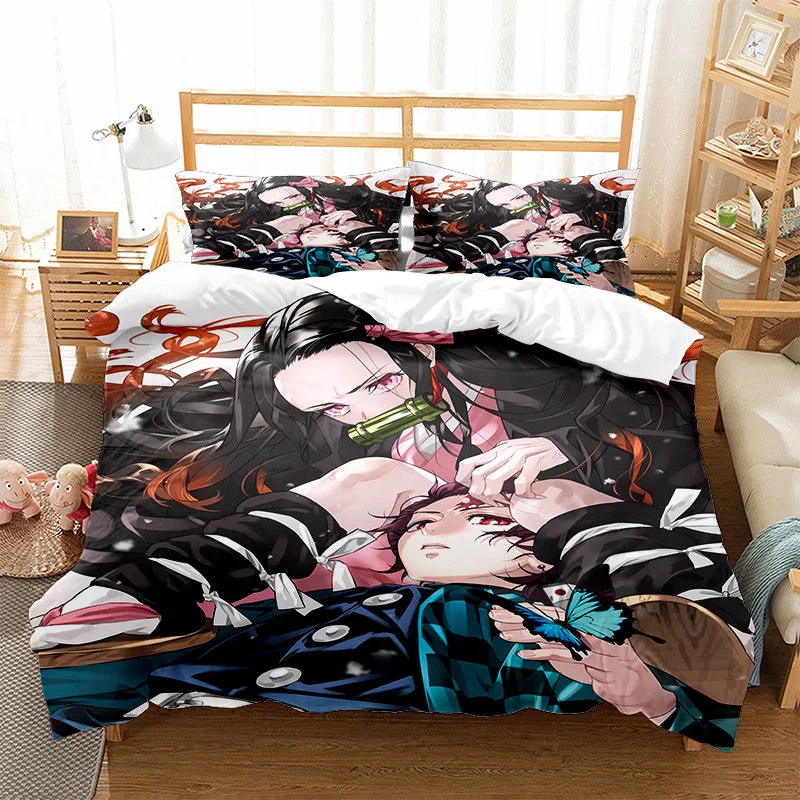 Demon Slayer Bedding Set with Zipper Pillowcases Polyester Microfiber 2/3 Piece Anime Comforter Set Bedspreads for Home Decor