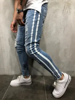 

2020 Side White Bar Ripped Jeans Men Blue Summer Super Skinny Elastic Bottom Zipper Distressed Jeans Suit for Men Dropshipping