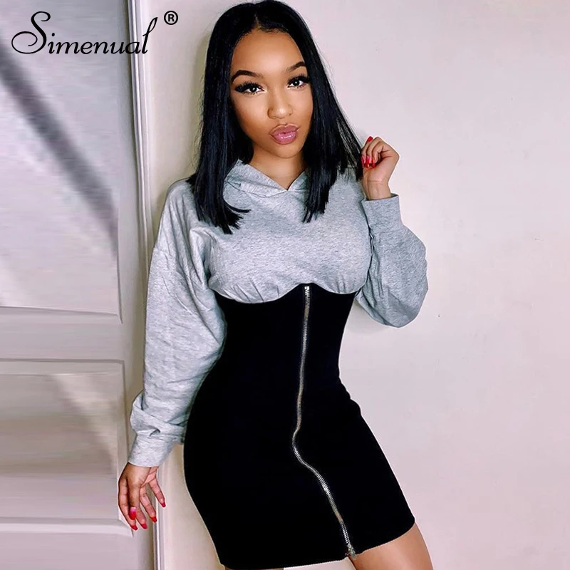 

Simenual Casual Patchwork Hooded Women Dress 2019 Autumn Fashion Long Sleeve Zipper Bodycon Mini Dress Basic Skinny Female Cloth