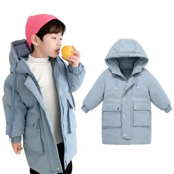 

Children Winter Coat Baby Boys Fashion Long Style With Hooded Solid Girls Duck Down Coats Big Pockets Thick Wind Proof Outwear