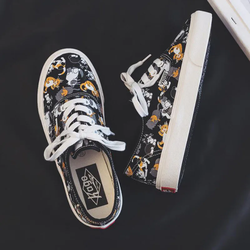 Cat Kitty Cartoon Canvas Shoes Women Autumn Summer Graffiti Women Sneakers Korean Edition White Vulcanize Shoes