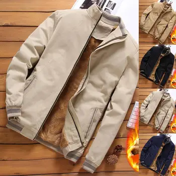 

Plus Size Men Winter Stand Collar Zipper Pockets Fleece Lined Woolen Warm Jacket Male Windbreaker Black Casual Jacket Man