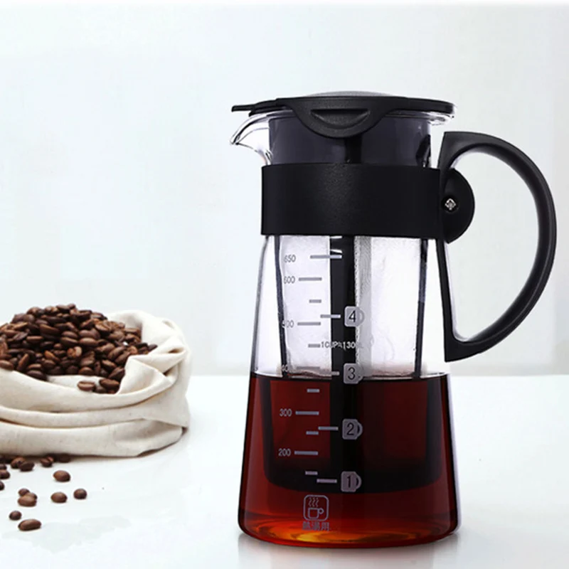 

Coffee Maker Airtight Seal Tea Pot 650ML Cold Brew Iced Kettle W/Filter&Handle Detachable Heat-Resistant Glass Reusable Filte