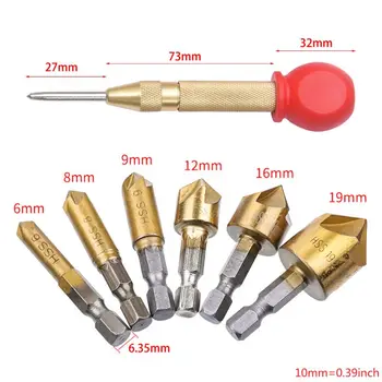 

Countersink Drill Bit+Center Punch, Countersink Drill Bit Set 6+1 Pcs 1/4'' Hex Shank HSS 5 Flute Countersink 90 Degree Center