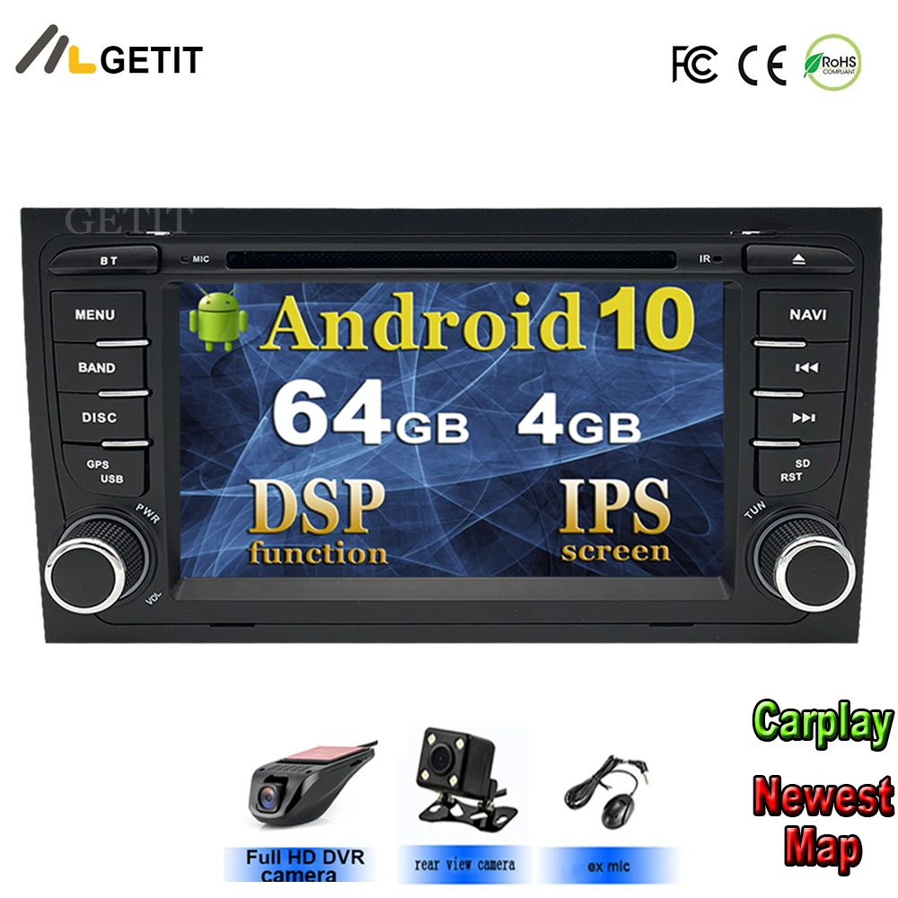 DSP Android 10 автомобильный стерео DVD мультимедийный плеер для Audi A4 S4 RS4 2002 2007 с WiFi BT GPS