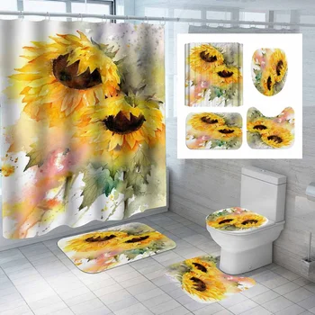 

Sunflowers Bathroom Set 180x180cm Shower Curtain Bath Mat Set Polyester Bath Curtain Bathroom Pedestal Toilet Seat Floor Mat