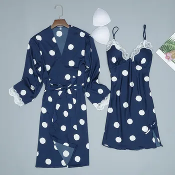 

Sexy lingerie pajamas for women kigurumi home clothes nightie Satin Fashion Dot Print Sleepwear Sling Robe Long Sleeve Set h4