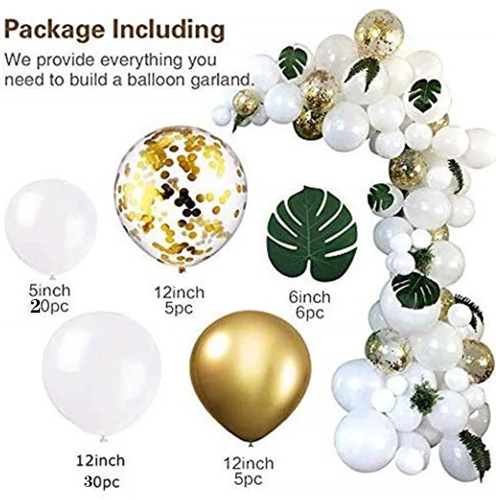Шар гирлянда арочный комплект, белые шары с золотыми конфетти 69 шт, искусственные Пальмовые Листья 6 шт, воздушные шары для вечерние суппики