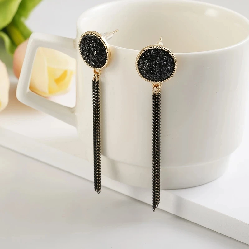 New Fashion Golden Plated Dangle Earrings Black Rhinestone Long Drop For Women Boho Tassel Earing Jewelry wholesale | Украшения и