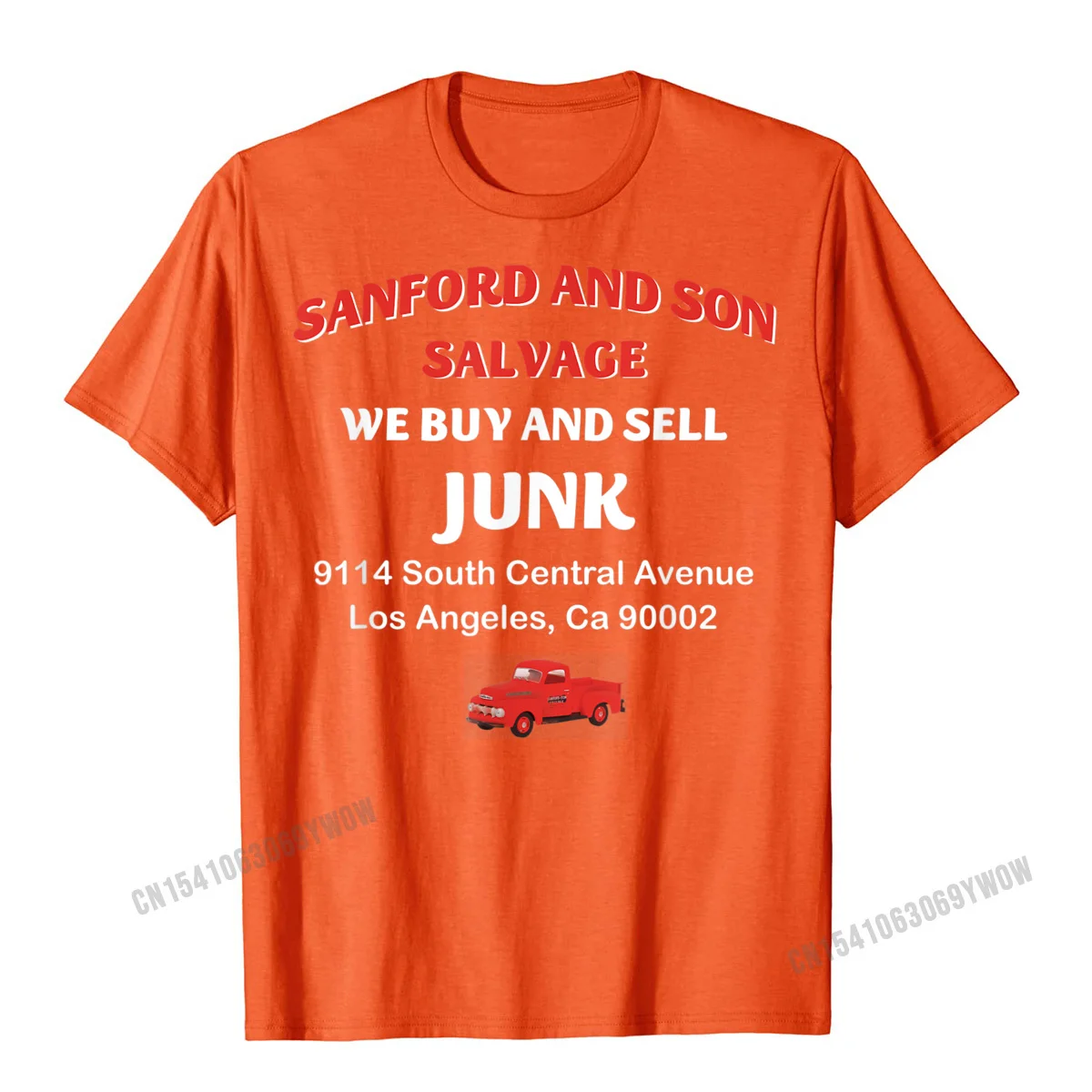Family Pure Cotton Tshirts for Men Short Sleeve Geek Tops Shirt Fitted Summer Fall Round Collar Tee Shirts Party We buy and sell junk car Son in Sanford City funny meme T-Shirt__1018 orange