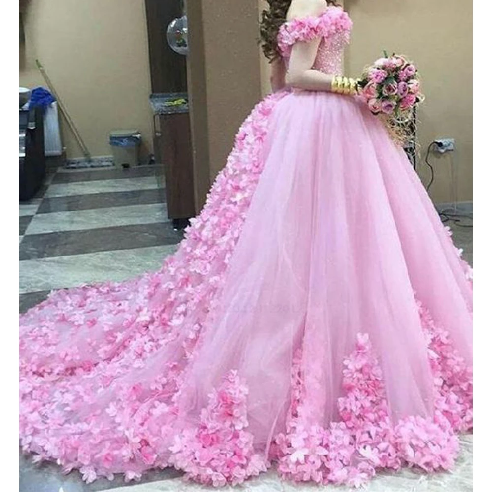 

SuperKimJo Boho Wedding Dresses 2020 Pink Off the Shoulder 3D Flowers Elegant Princess Wedding Ball Gown Robe De Mariee